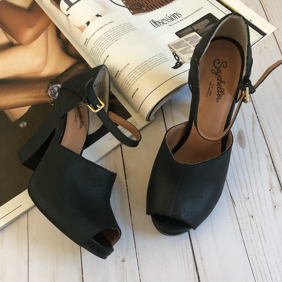 Seychelles Shoes - Seychelles Black Ankle Strap Peep Toe Heels